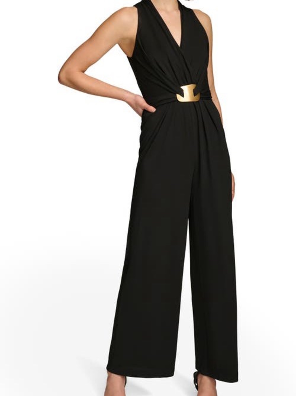 Donna Karan Black Sleeveless V-Neck Jumpsuit with Gold Accent